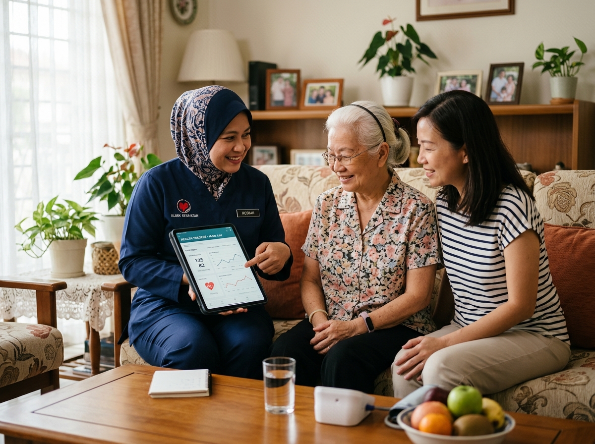 Malaysian Nurse Reviewing Digital Health Charts with Family